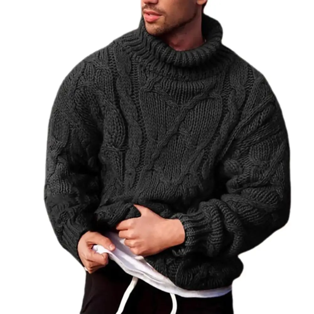 Jersey de algodón cálido para hombre, Jersey ajustado de punto trenzado con cuello de tortuga, Color sólido, moda de otoño e invierno