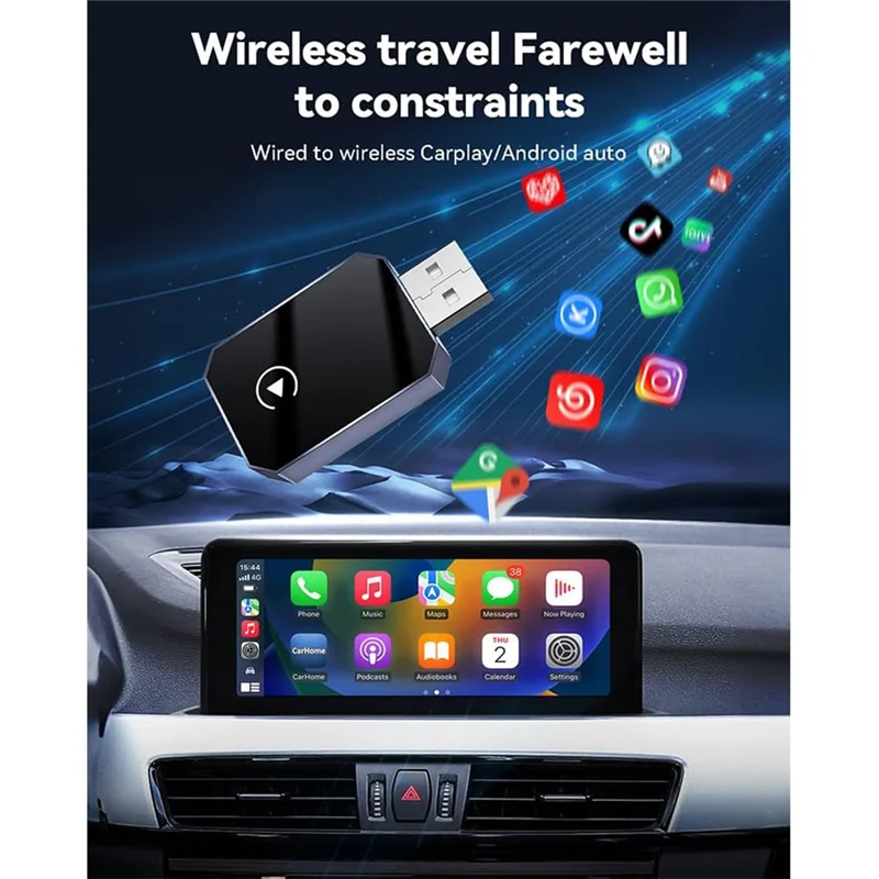 محول JABS-Wireless Carplay تم ترقيته لـ IOS وAndroid Auto - Bluetooth 5.0، التوصيل والتشغيل، الاتصال التلقائي، التحكم الصوتي