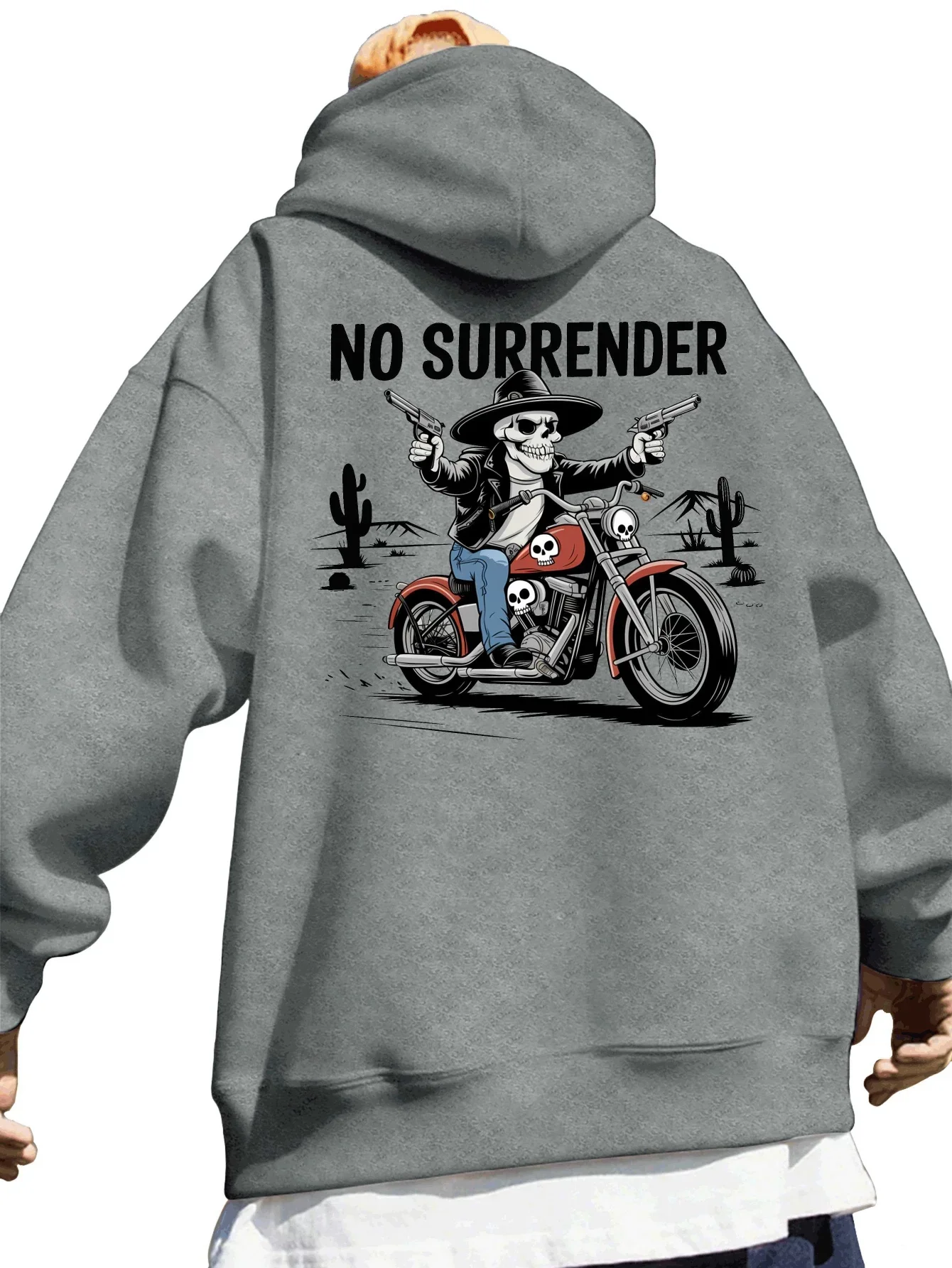 Unisex No Surrender Skull Cowboy Biker Back Print Hoodie, Desert Street Pullover, Loose Fleece Sweatshirt Autumn Winter