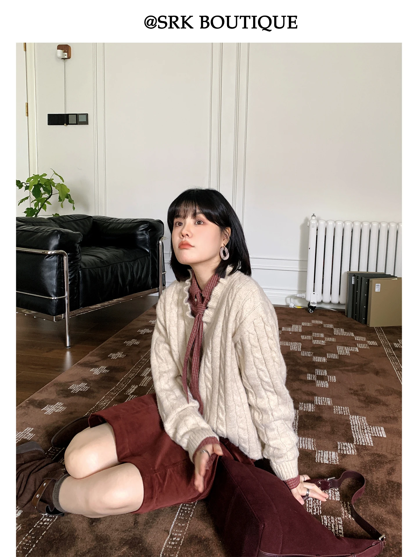 SRK 빈티지 체크무늬 셔츠 디자인 센스 사시 안티에이징 우아한 패션 레이어드 긴팔 탑 여성 캐주얼 루즈핏 코튼 린넨 블렌드