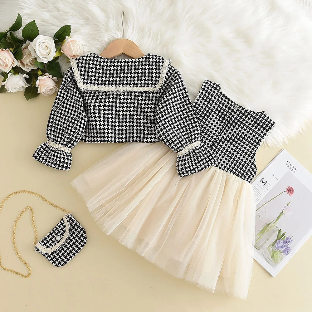 Children\'s Clothing Sets Thousand Bird Check Big Lapel Coat + Waistcoat Skirt + Small Satchel Three-piece Set Kids Clothes Girls