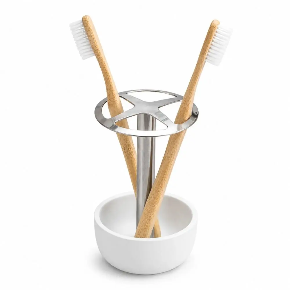 Stainless Steel Toothbrush Holder 4 Divided Compartments Hollow Out Design Toothpaste Stand Space Saving Free-standing
