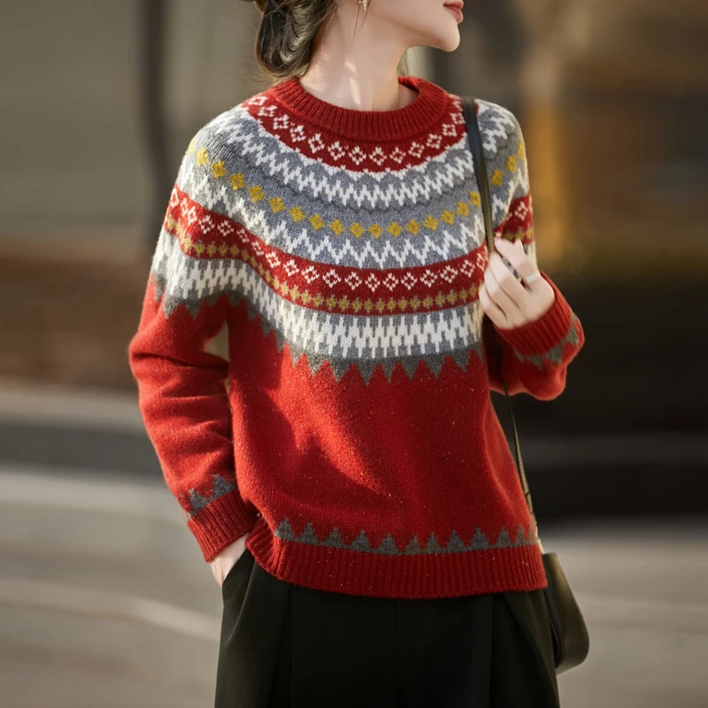 Pullover con scollo a O da donna Maglione di pura lana Twist Flower Primavera Autunno Inverno Maglieria di lana 100% Maglione jacquard Abbigliamento Top