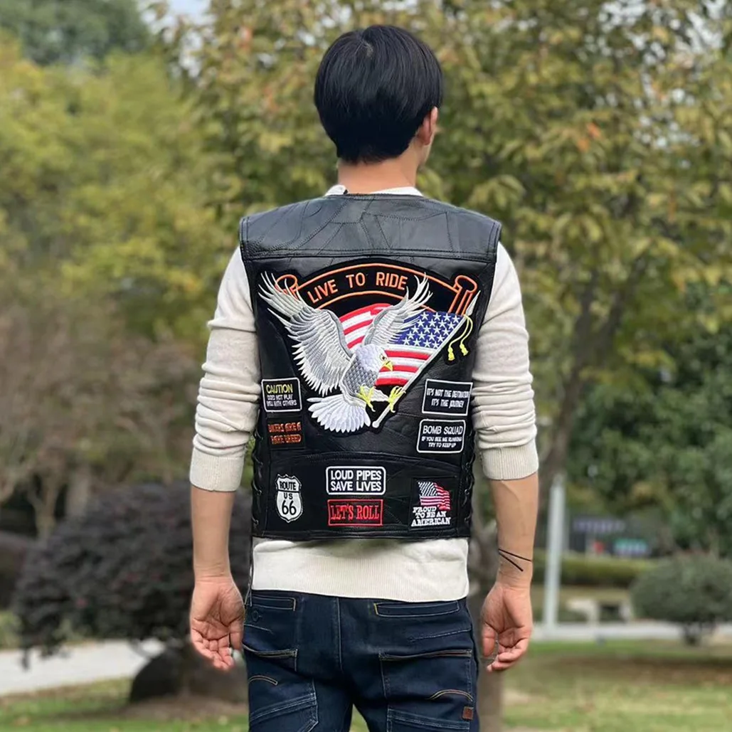 

Fashion Embroidered Badge Black Motorcycle Leather Vest for Men Eagle American Flag Graphic Patches Riding Club Moto Biker Vests