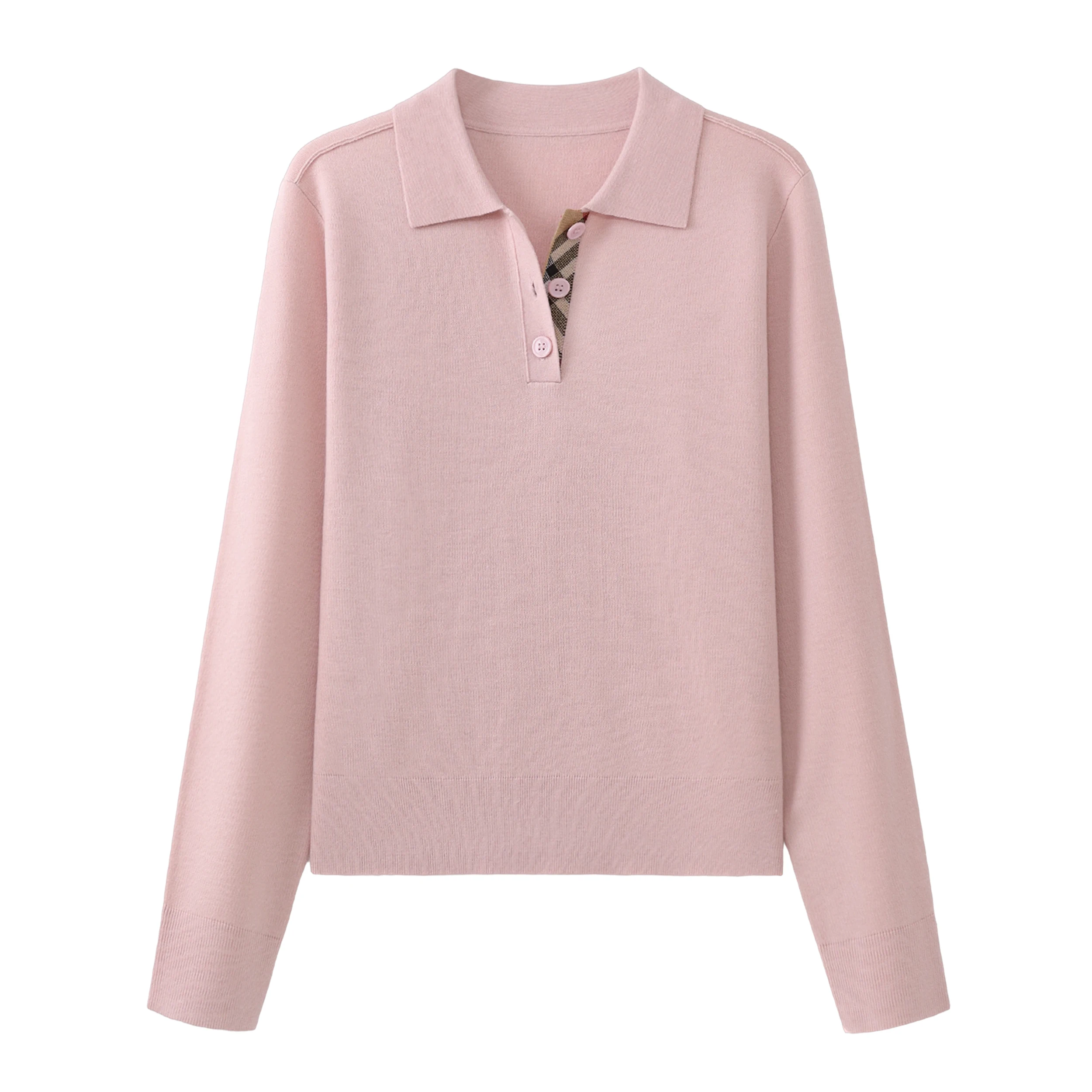 Ladies Solid Pink Polo Neck Jumper, Elegant Plaid Inner Placket Design Long Sleeve Knitwear
