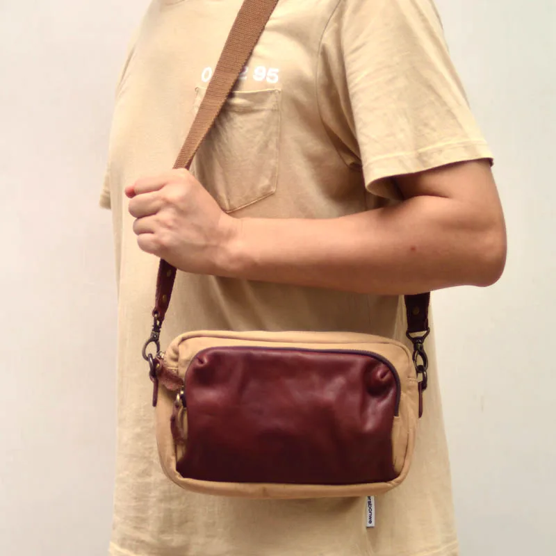 Сумка на одно плечо оригинального и нишевого дизайна, мужской рюкзак в стиле ретро, модный полотняно- и кожаный горизонтальный рюкзак.