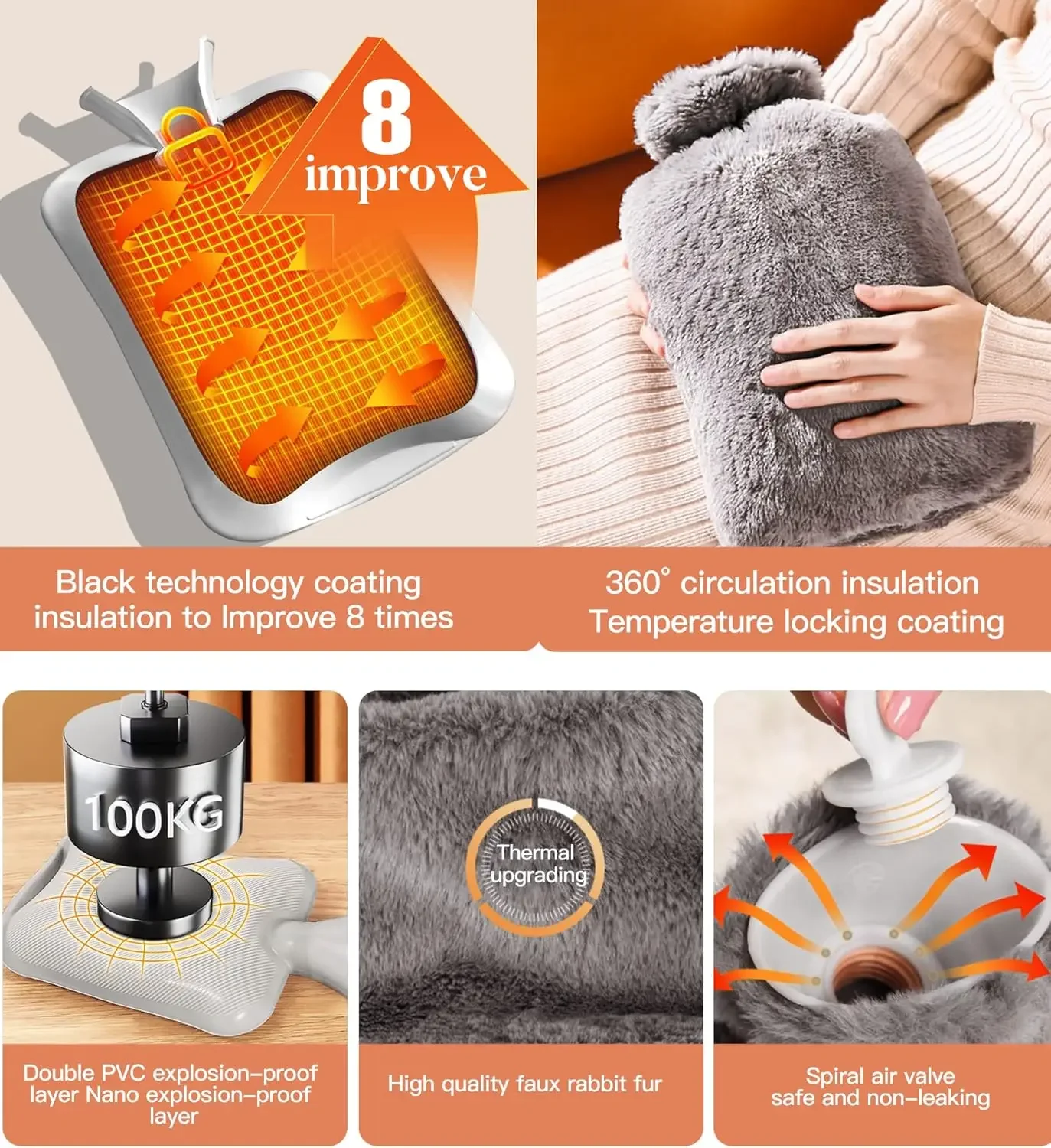 2025 زجاجة ماء ساخن مع غطاء، 2L كيس الماء الساخن للسرير الدافئة الرقبة آلام الكتف أقدام اليد دفئا تشنجات الحيض الساخن ضغط #6