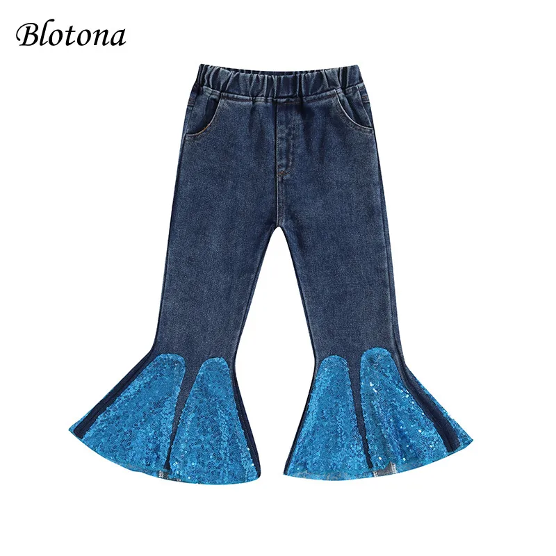 

Blotona Toddler Girls Flared Jeans Elastic Waist Bell Bottoms Sequin Denim Pants Baggy Trousers Kids Clothes 3-7Years