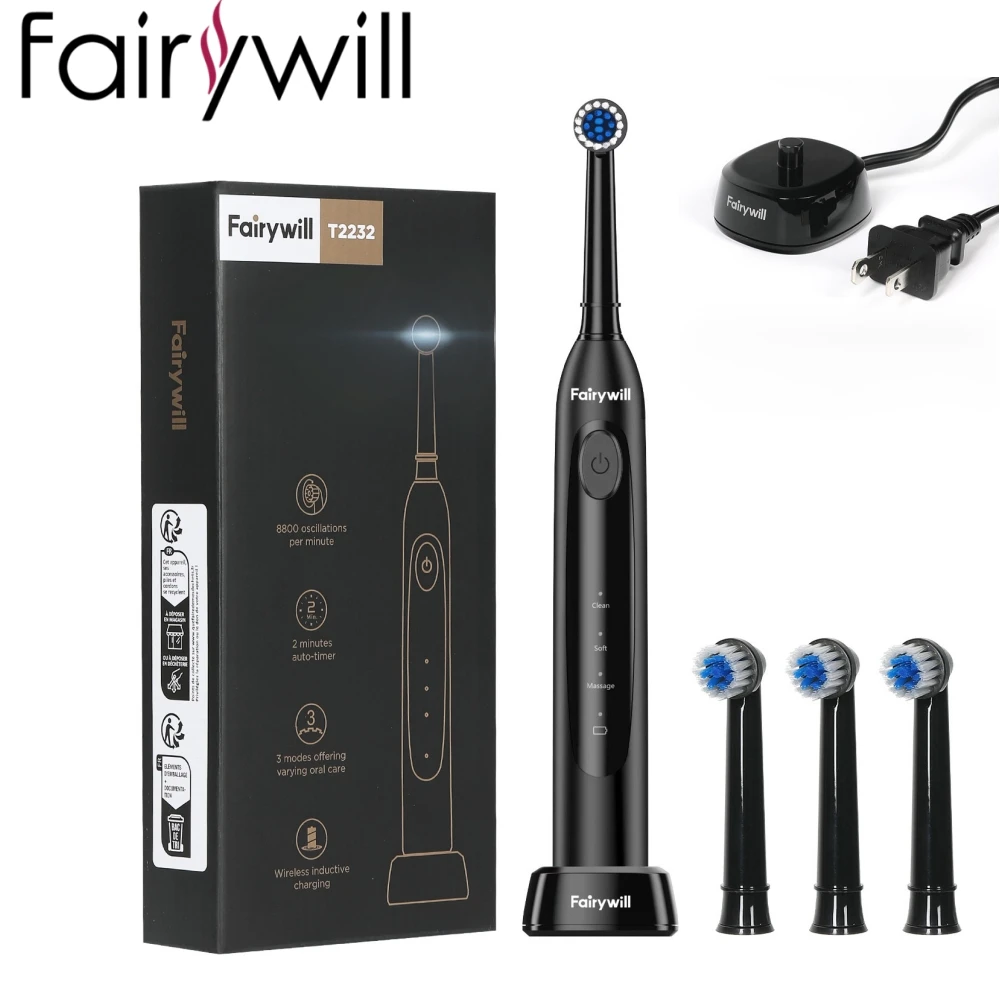 Fairywill Electric Toothbrush T2232 Powerful Rotation Cleaning 4 Replacement Heads Rechargeable Sonic Toothbrush for Adults