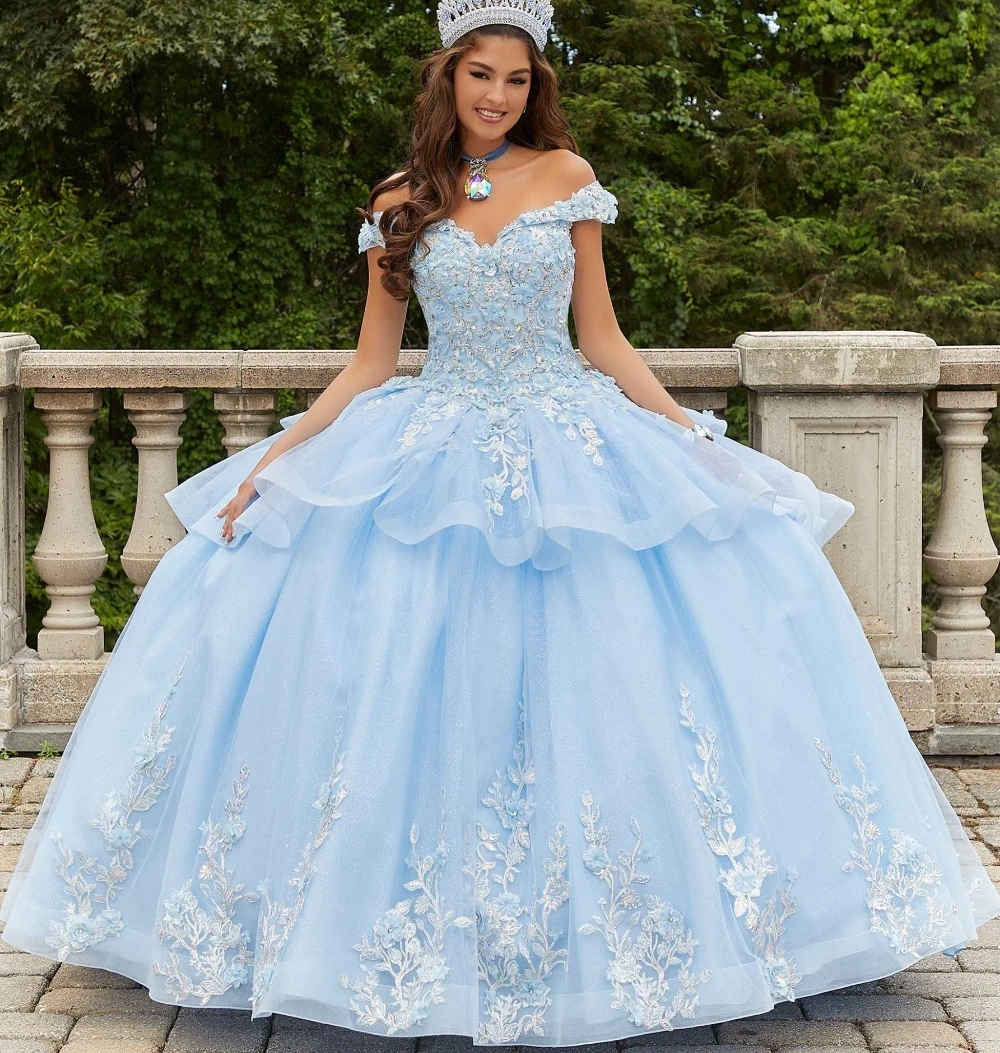 EVLAST klasyczny niebieski kryształowa sukienka na Quinceanera suknia balowa z cekinami z odkrytymi ramionami 3D kwiaty gorset Vestidos Para XV Años TQD117