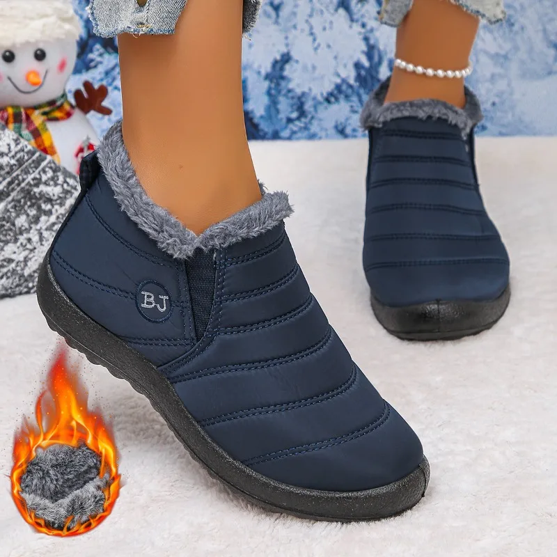 

Женские зимние ботинки, хлопковые ботинки с круглым носком на плоской подошве, модные универсальные зимние женские ботинки больших размеров с меховой подкладкой