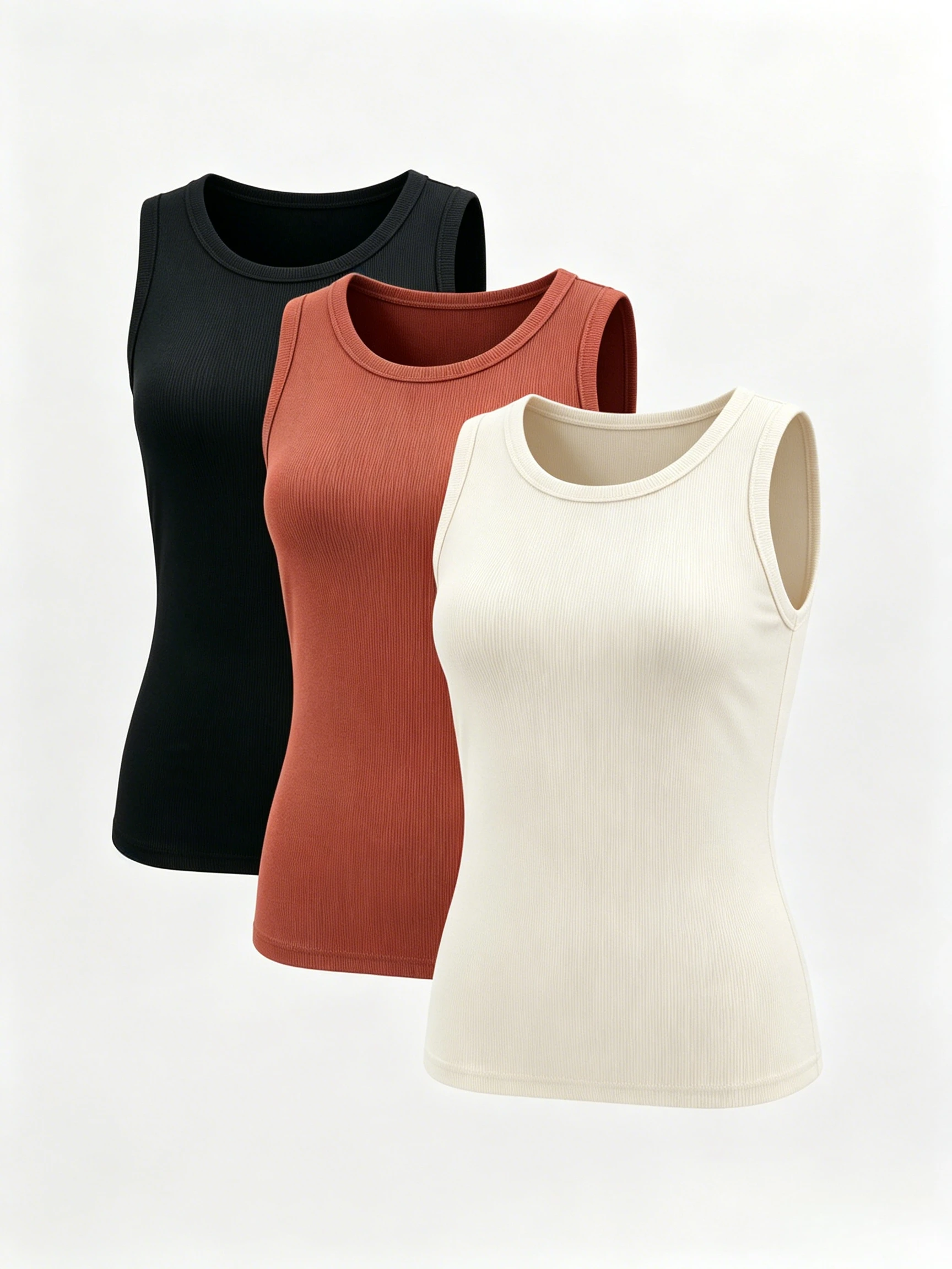 Basic 3 Pack Ribbed Crew Neck Sleeveless Vest - Slim Fit Stretchy Multicolor Blouse, For Daily Layering Summer Casual Wear