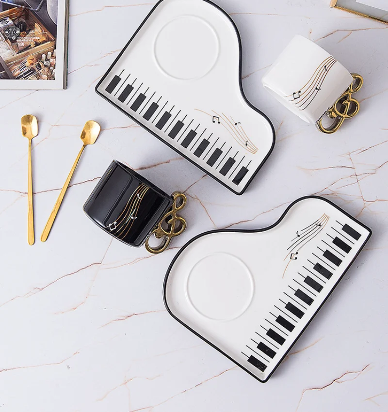 New Black and White Piano Ceramic Heat-resistant Mug with Saucer and Spoon Set, Exquisite Cappuccino Coffee Afternoon Tea Cup