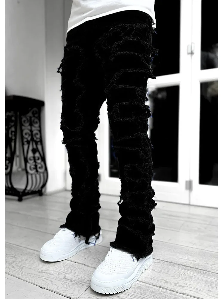 2023 New Streetwear Ripped Stretch Patch Jeans for Men high quality Straight Fit Long Jeans Fashion Men Clothes