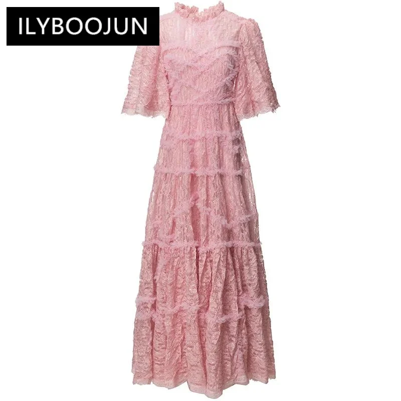 

ILYBOOJUN Fashion Women's 2024 Spring New Flying Sleeve Mesh Flounced Edge Embroidered Sequin Patchwork Long Ball Gown Dress