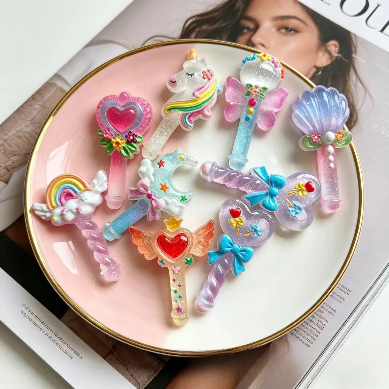 100pcs Kawaii Magic Wwand Resin Flatback Cabochon DIY for Phone Case Hairpin Keychain Earrings Jewelry Scrapbook Decor