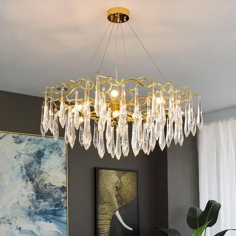 

2024 Modern Gold Crystal Chandelier Living Room High Ceiling Luxury Big Lustres Aluminium Crystal Tree Branch Chandelier Lights