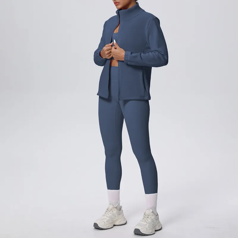 

Women's New Solid Color Yoga Suit with Stand Up Collar and Plush Pants Zipper Jacket Sports Suit Outdoor Running Fitness Suit