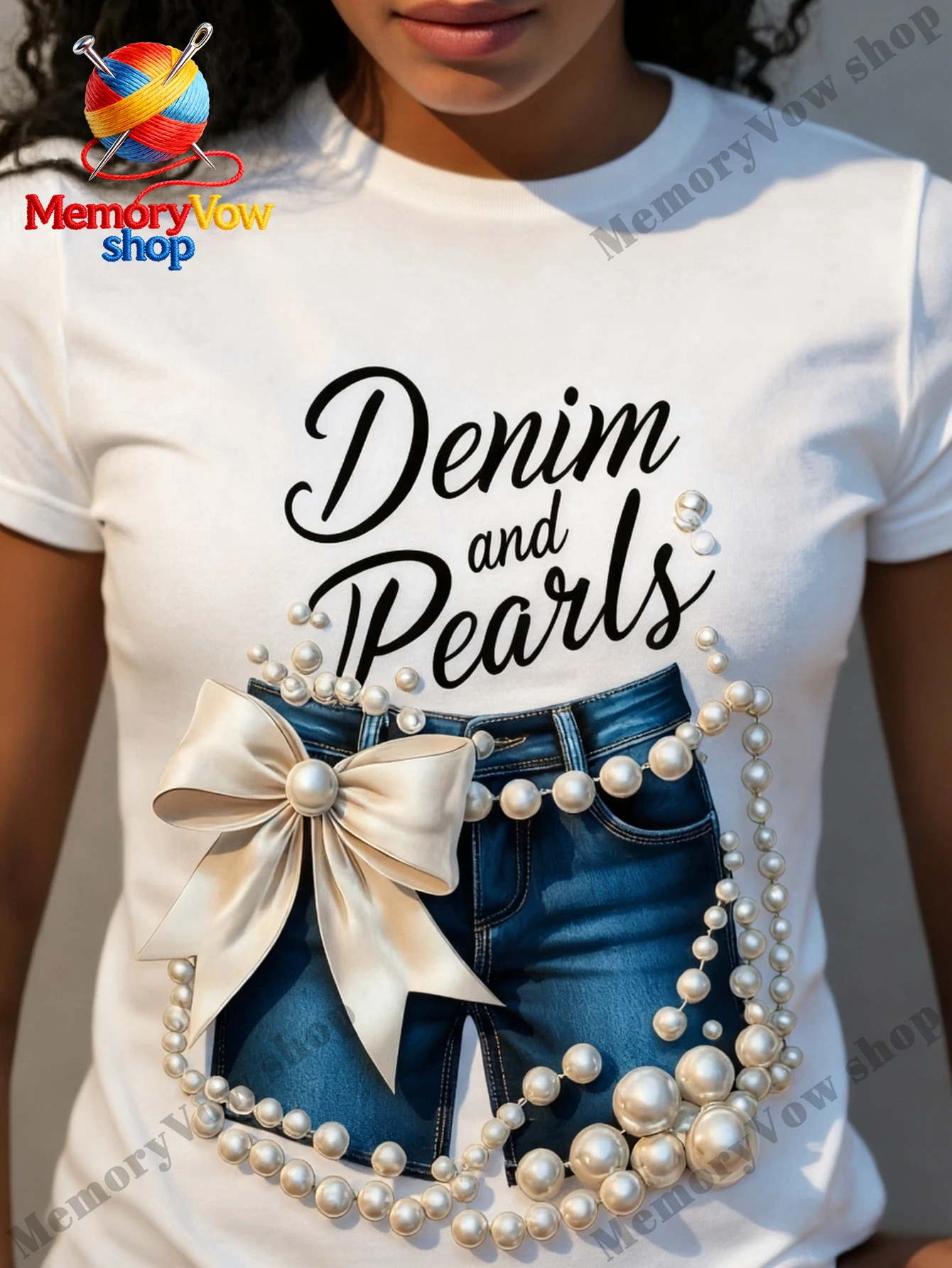 Denim And Pearls T-Shirt with Bow 100% Breathable White Round Neck Casual And Easy Machine Washable, Comfortable And Fit Summer a Gift to Family Members