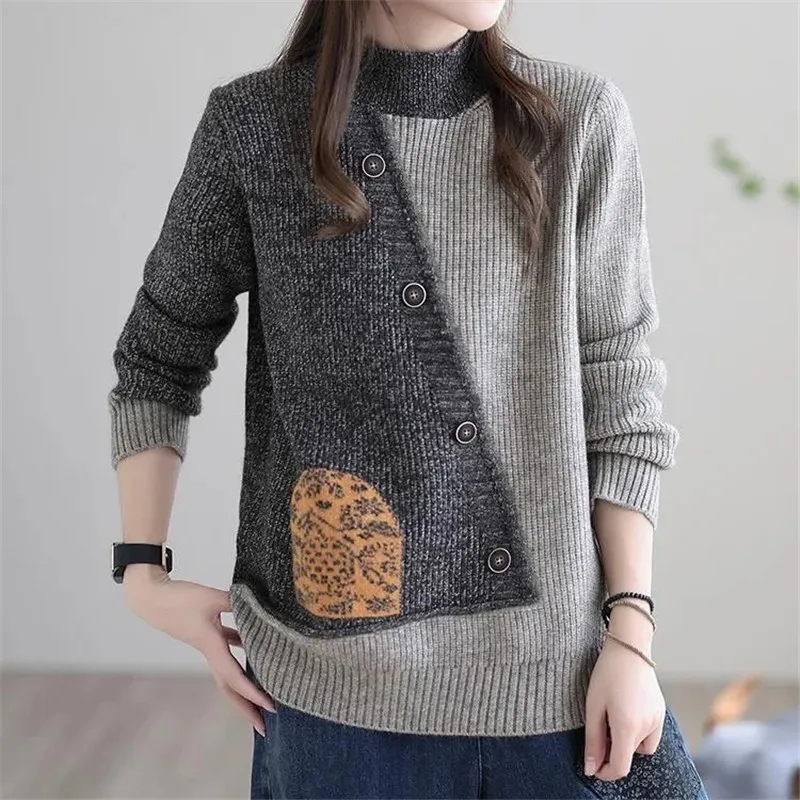 Splicing 2023 New Knitwear Keep Warm Ladies Jacket Woman Autumn And Winter Short Coat Female Long Sleeve Loose Sweater