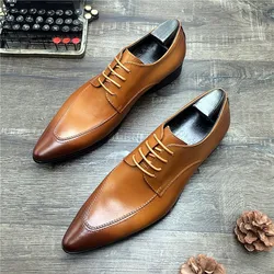 HKDQ Genuine Leather Shoes Men Business Dress Pointed Toe Brogue Lace Up Wedding Oxford Shoes Formal Black Party Dress Shoes