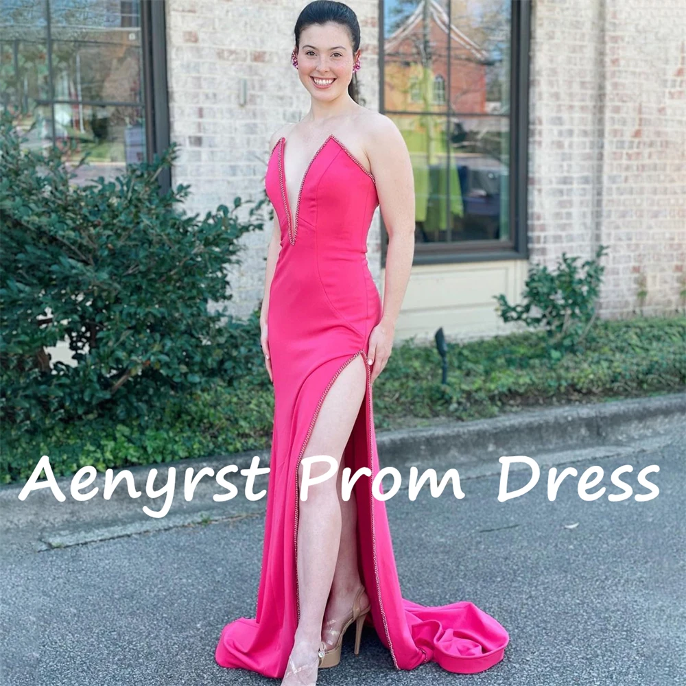 Aenyrst Simple V Neck Mermaid Evening Dresses Satin Side High Slit Prom Gowns Floor Length Dinner Party Dress Long فساتين السهرة