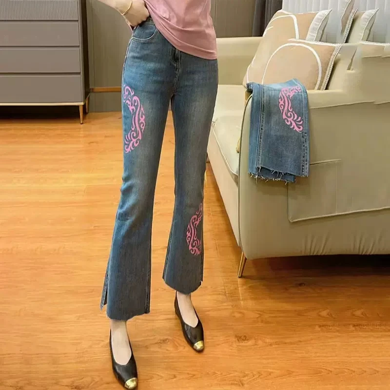 

2024 Flare Jeans Pants Women Vintage Denim pants Ladies High Waist Fashion Pocket Trousers Wide Leg Jeans Joker split trousers