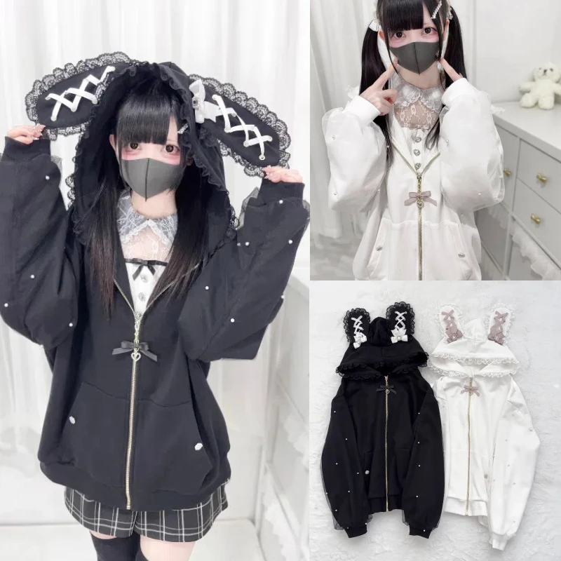 

Bunny Hoodie Hoodies Y2K Rabbit Ear Lolita Jacket Coat Japanese Style Lace Kawaii Zipper Cardigan Long Sleeved Top Girls
