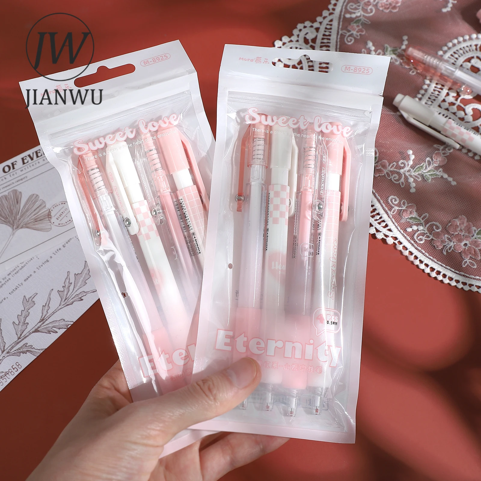 JIANWU 4 Pcs/set Sweet Blush Series Press Gel Pen Set  Write Smoothly Creative DIY Journal Material Student Supplies Stationery