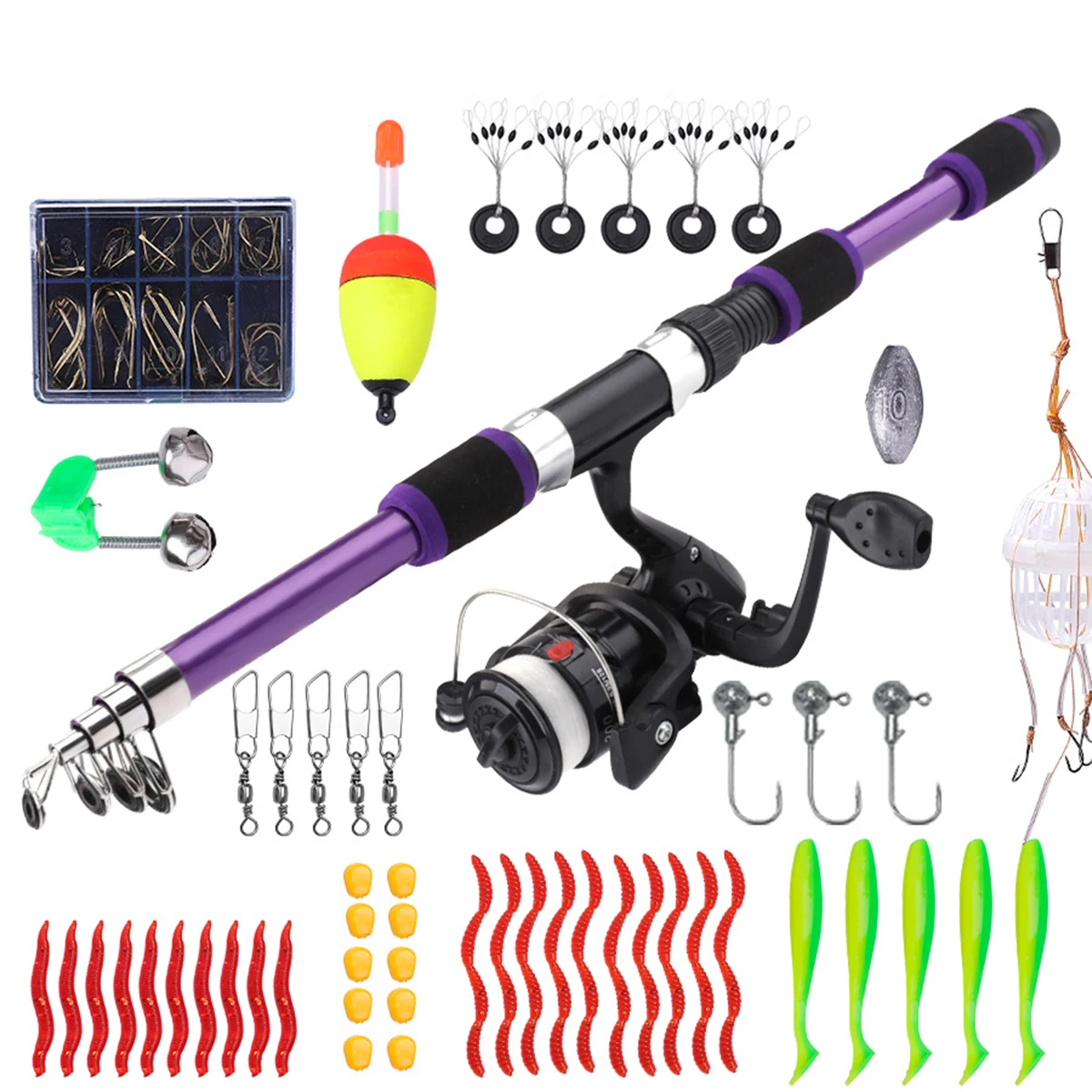 55Pcs Fishing Rod Full Kits 1.8M Telescopic Sea Spinning Reel Travel Portable Set Beginner Combination Soft Bait Carp Fishing