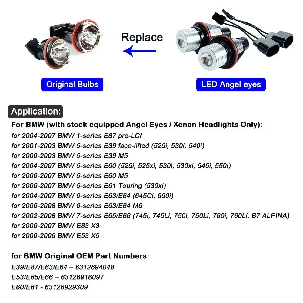 2Pcs LED Angel Eyes Marker Light Bulbs Error Free Car Lamps for BMW E39 E53 E60 E61 E63 E64 E65 E66 E87 525i 530i Xi 545i M5