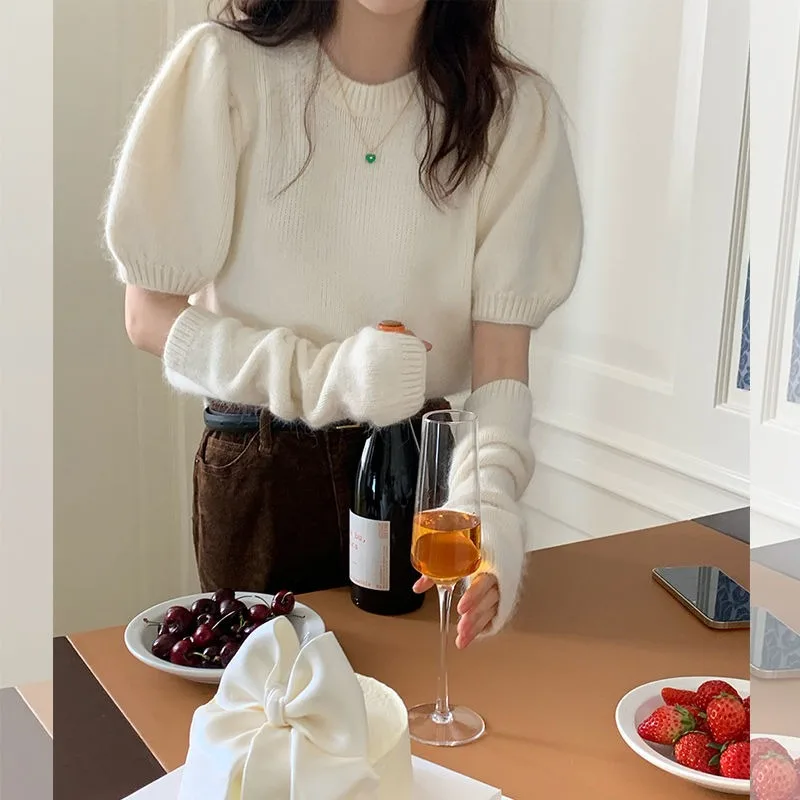 

Пуловеры женские с пышными рукавами, модные простые милые осенние уличные эластичные уютные милые стильные однотонные женские вязаные пуловеры в корейском стиле