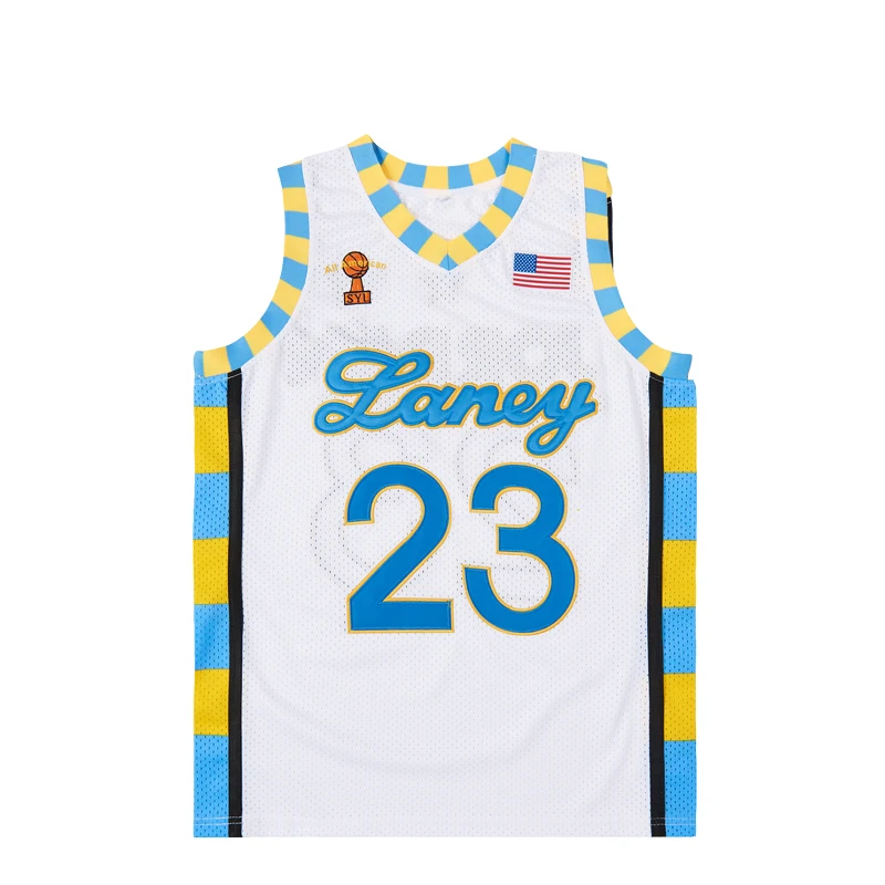 2024 Basketbalshirts LANEY 23. Naaien borduurwerk Outdoor sportkleding Hiphop blauw geel Zweetabsorptie ademend groot formaat