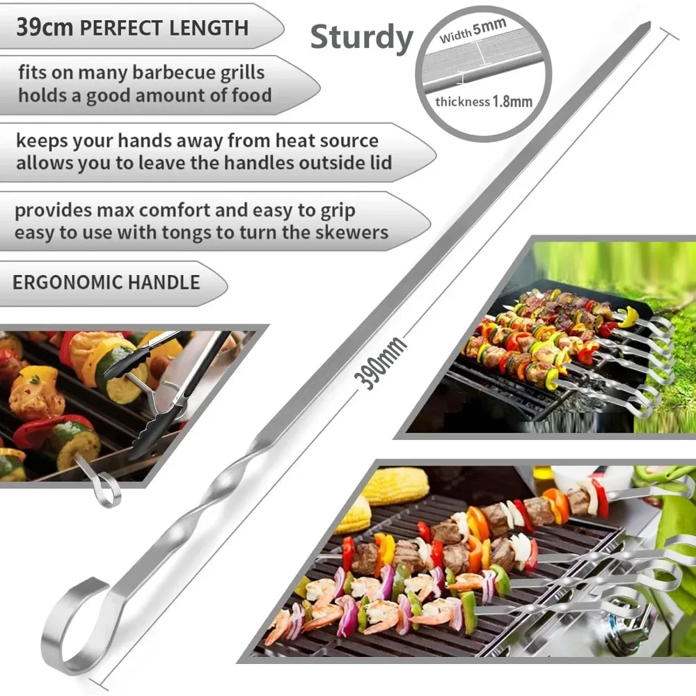 12 Piece Set of Nylon Bags for Barbecue Skewers, 39cm Long Steel Skewers for Meat Skewers, Used for Bonfires or Barbecues