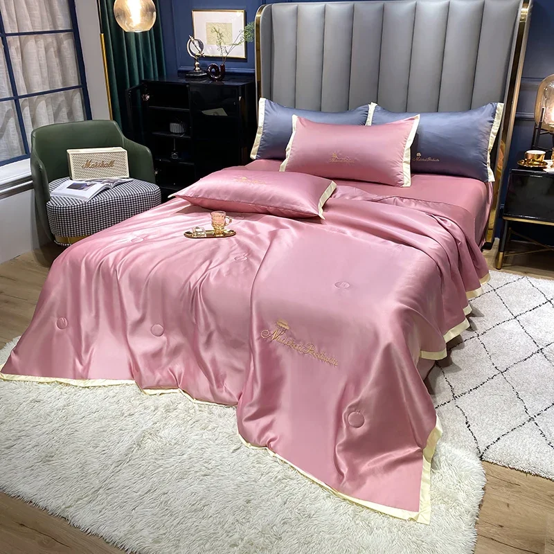 Soft Duvet Silky Quilt Embroidered Comforter Solid Color Bedspread Smooth Duvets 이불 Blanket (Pillowcase Need Order)