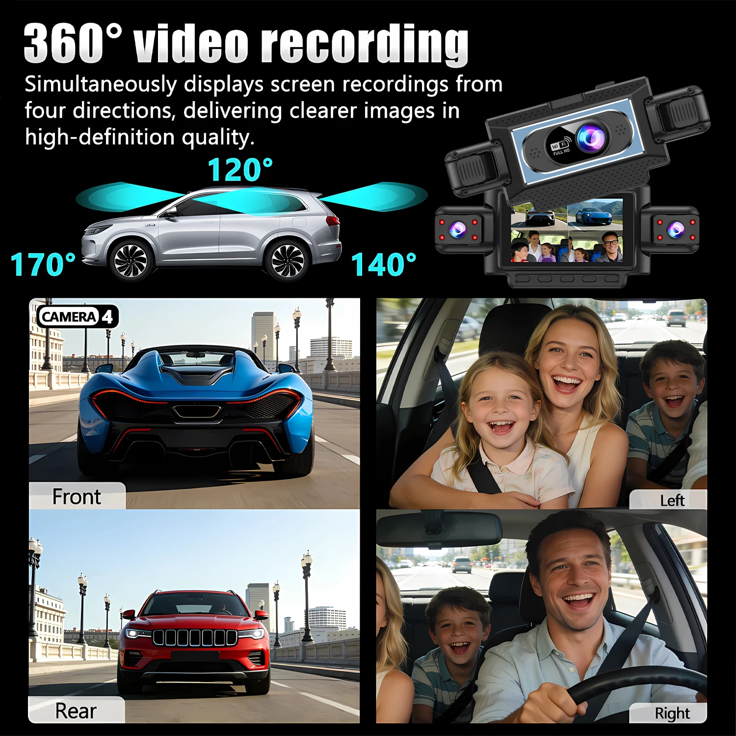4 Channel Car DVR UHD 1080P 4-Lens Inside Vehicle Dash Cam 360° All Sides Car Camera Wifi Video Driving Registrator Black Box
