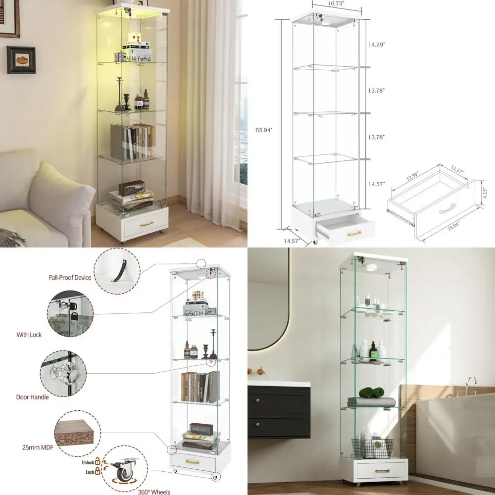 

Floor Standing Glass Display Cabinet with LED Lights, 4 Shelves and Drawer, 1 Door Curio Cabinet with Wheels