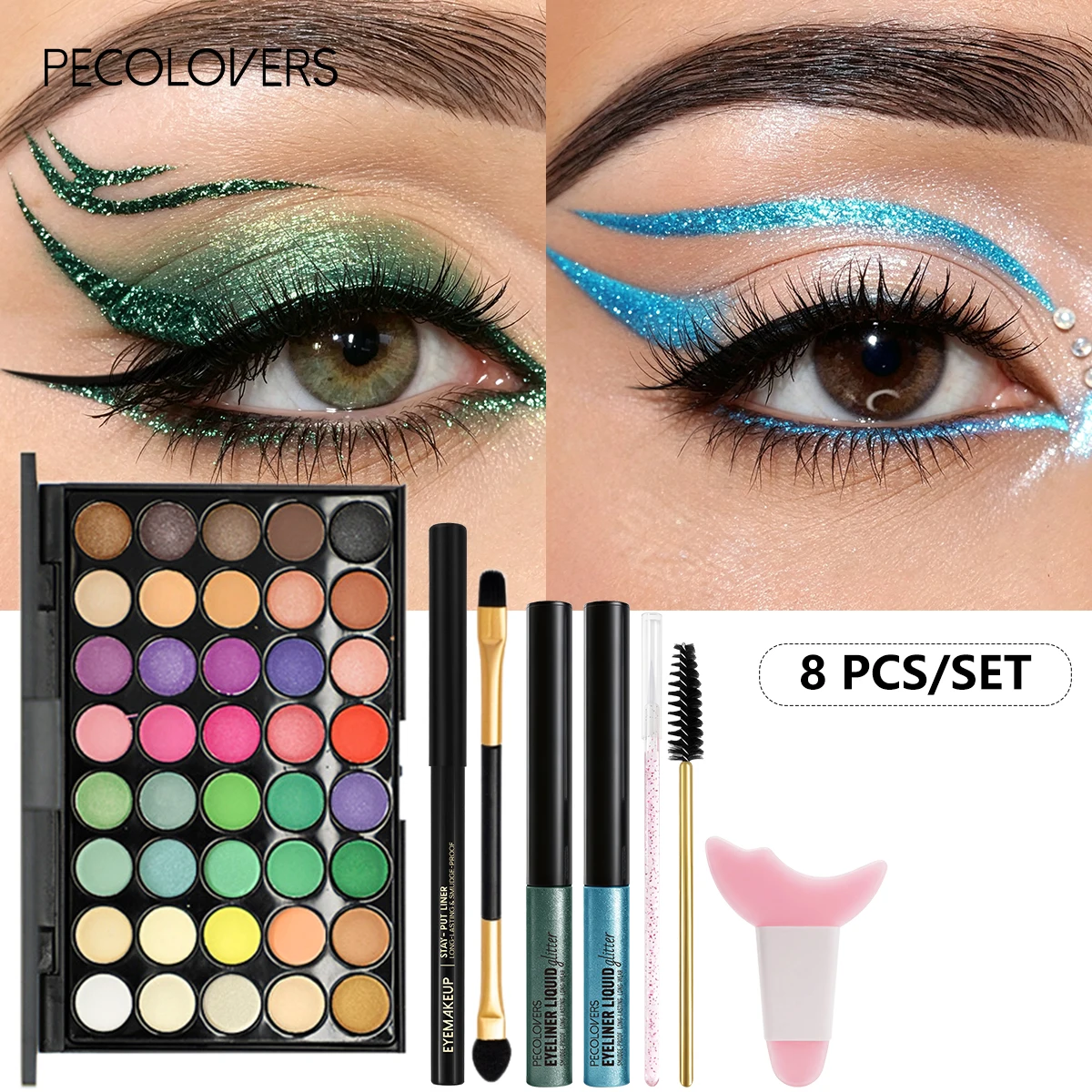 8PCS/SET Charming Eye Makeup Collection, Eyeshadow Palette, Sparkle Liquid Eyeliner, Black Eyeliner, Eye Brushes, Halloween