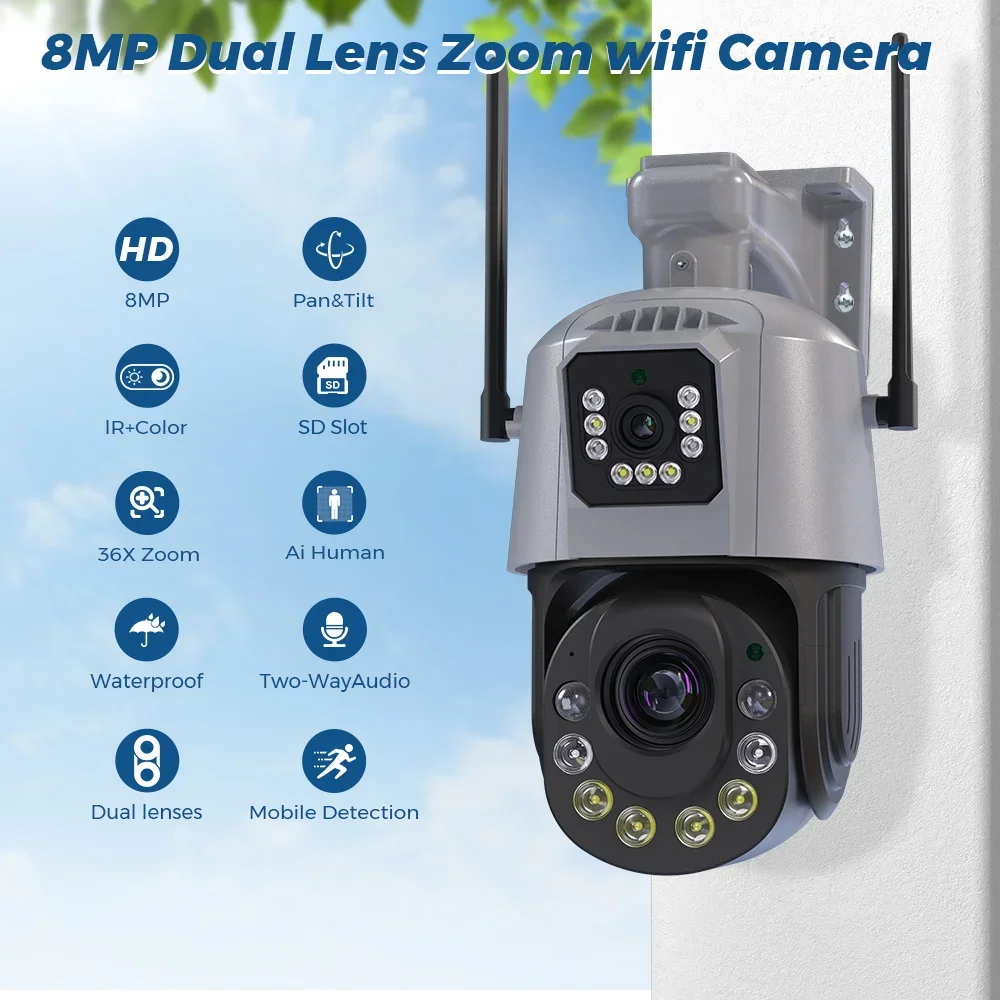 8MP 36X Optical Zoom CCTV Camera With Auto Tracking Dual Lens Wifi PTZ Bullet Network Security Camera Wireless