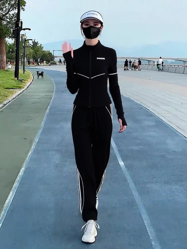 

Весенне-осенний повседневный спортивный костюм, женский модный Fitn, длинные брюки-джаки с воротником-стойкой для утреннего бега, комплект из двух предметов