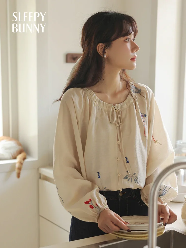 Vintage Chinese Style Embroidered Blouse Women Loose Fit Raglan Sleeve Tie-Neck Shirt Elegant Casual Spring Top for Daily Wear