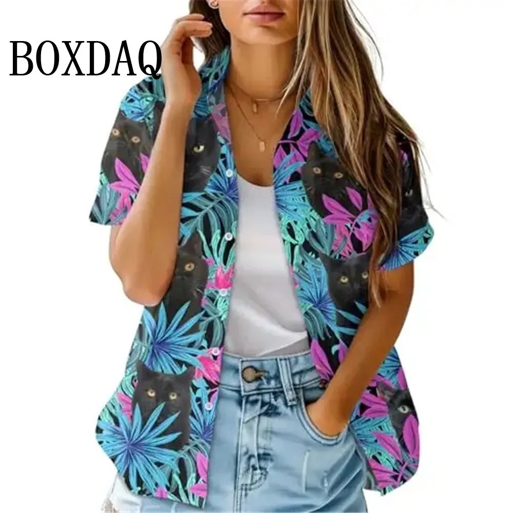 Moda verão blusa feminina artística havaiana palmeira impressão manga curta lapela casual botão camisa topos feminino camisa havaiana