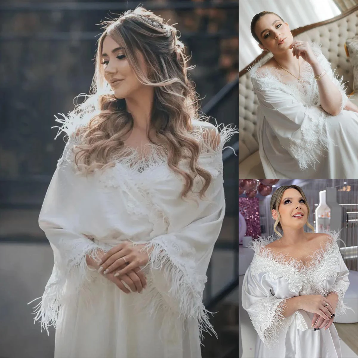 

Elegant Tailored Women Home Clothes Appliques Off Shoulder Half Sleeves Feather Rayon Bathrobe Loungewear Nightgowns Customized