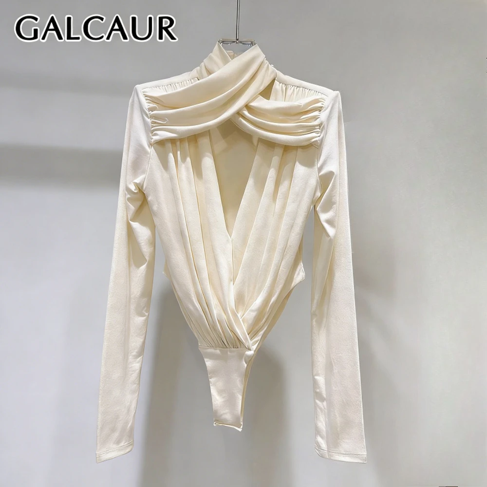 GALCAUR Solid Slimming Spliced Folds Jumpsuit for Women Round Neck Long Sleeves Patchwork Hollow Out Jumpsuits Female Fashion