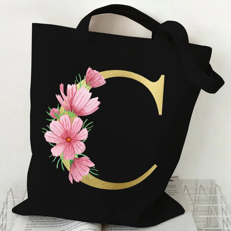 26 Golden Alphabet Floral Tote Bags for Women Large Capacity Canvas Casual New Flower Alphabet Printed Female Reusable Handbag