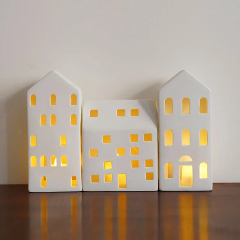 Nordic Simple Matte House-Shaped Ceramic Ornaments, Danish Architectural-Shaped Candlesticks, Home Holiday Decorations