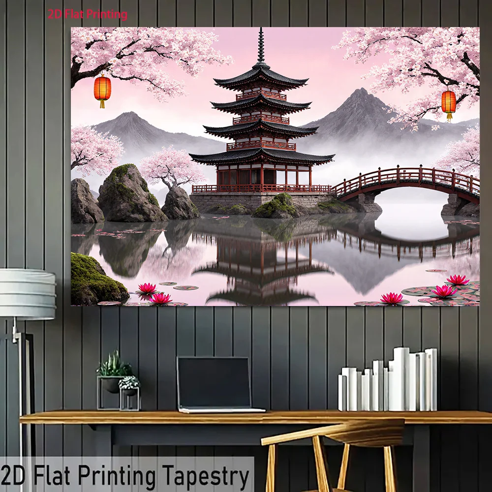 Japanese Pagoda Cherry Blossom Tapestry, Zen Garden with Bridge & Lanterns Wall Hanging for Living Room Decor, Asian Art Fabric
