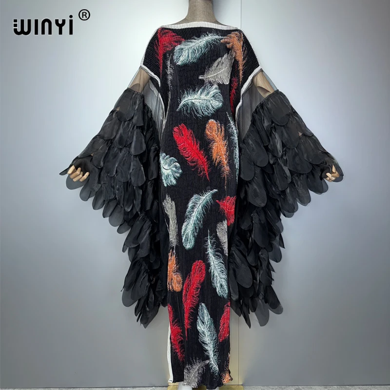 WINYI Elastic Slim Pleated Dress Beach Wear Fashion Kaftan Abaya Dubai Luxury Party Dress Long Down Muslim Woman Evening Dress