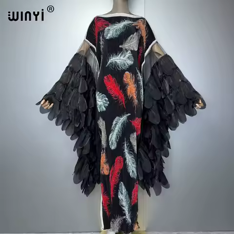 WINYI Elastic slim pleated dress beach wear fashion kaftan abaya dubai luxury party dress long down muslim woman evening dress