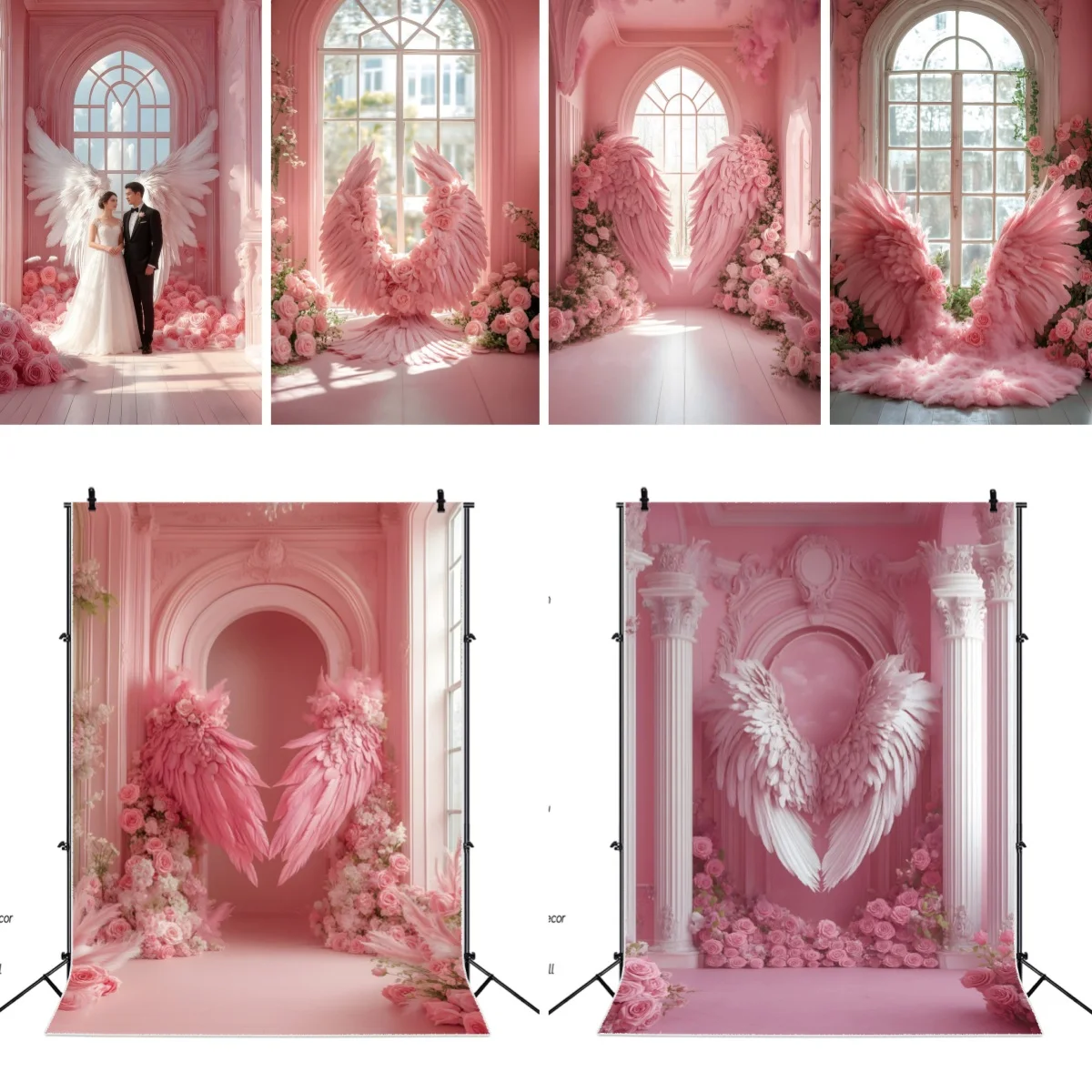 Rosa Engelsflügel-Hintergrund für Fotografie, Federn, Blumen, Fenster, Hochzeit, Party-Dekoration, Mädchen, schwanger, Porträt-Fotohintergrund